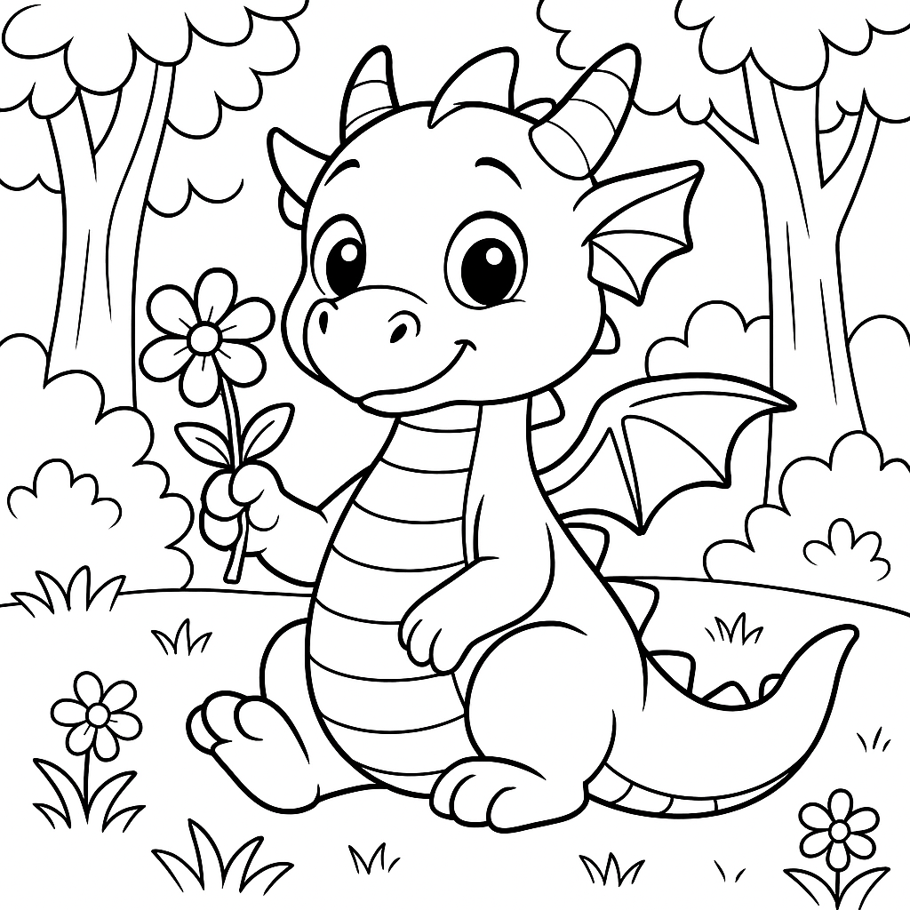 Coloring page of a friendly dragon