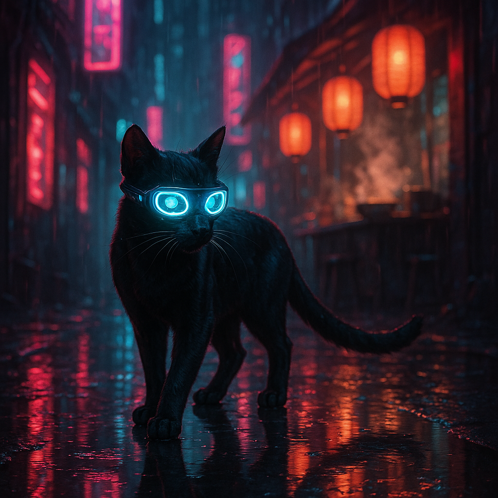 Cyberpunk cat in a Tokyo alley