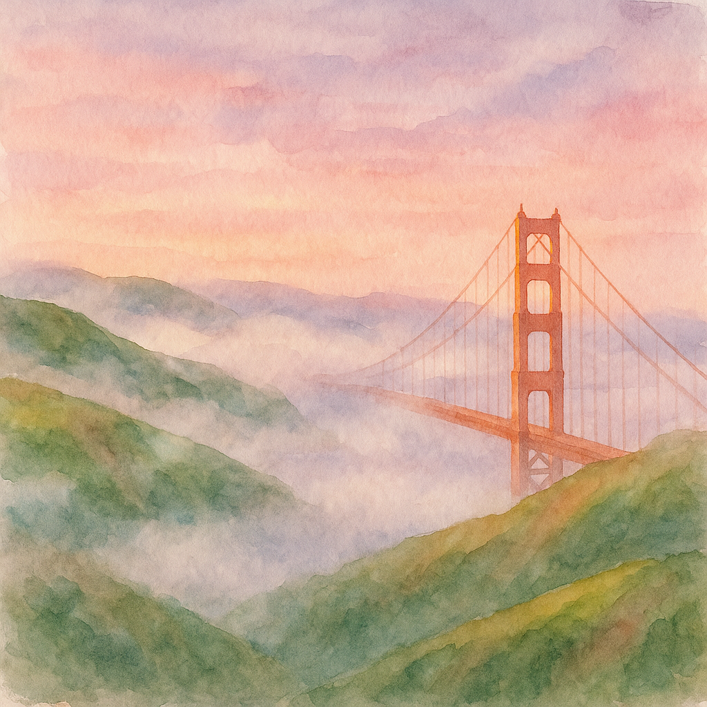 Watercolor of the Marin headlands at dawn